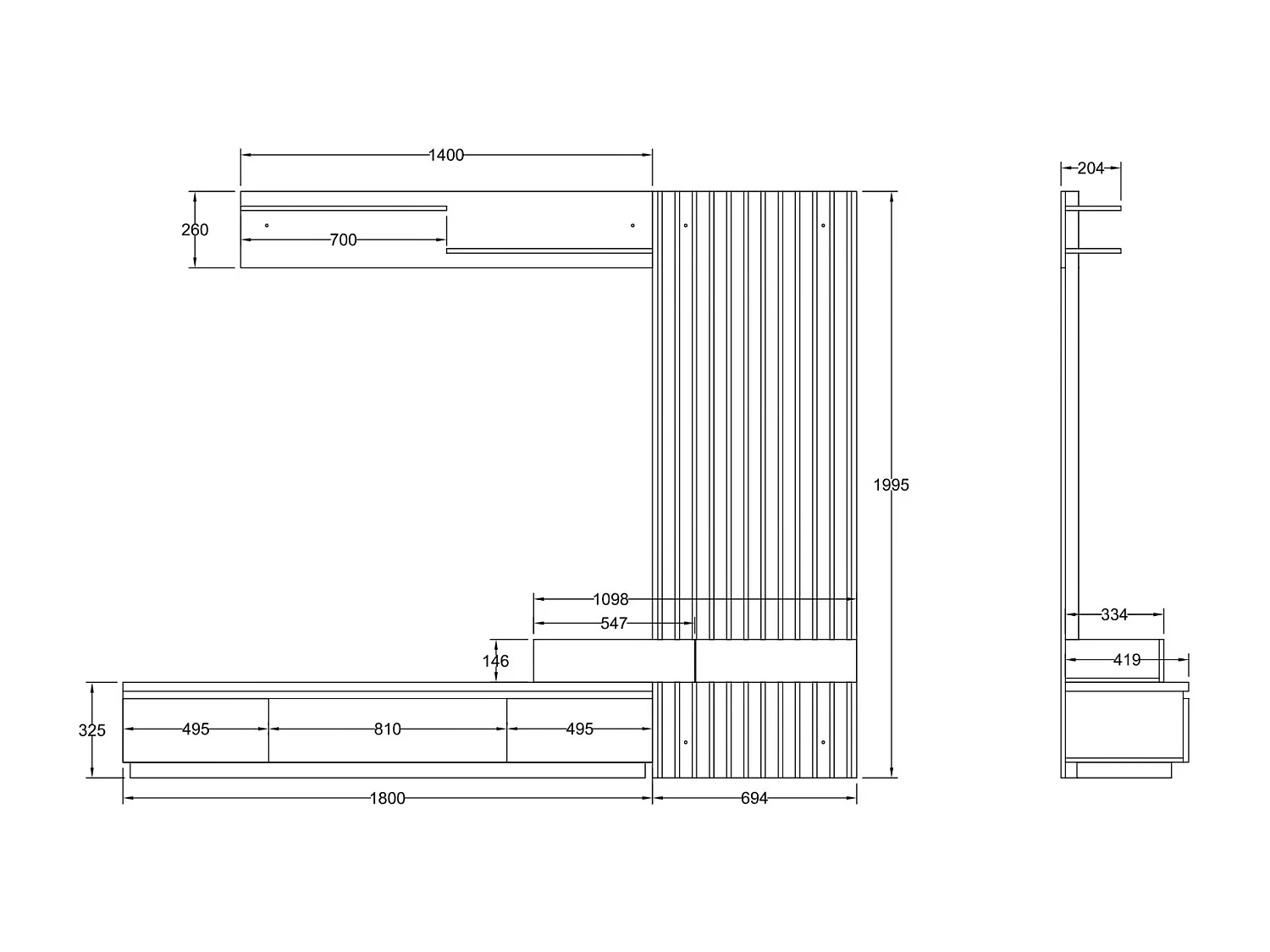 Conjunto de Comedor Con Mesa Tv y Panelado 250x200 cm - Blanco y Roble