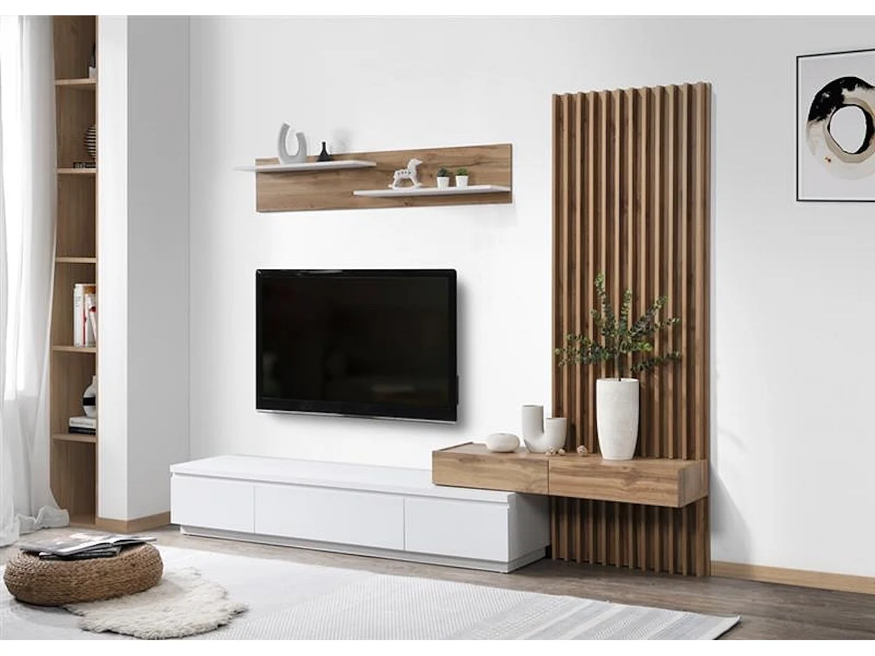 Conjunto de Comedor Con Mesa Tv y Panelado 250x200 cm - Blanco y Roble