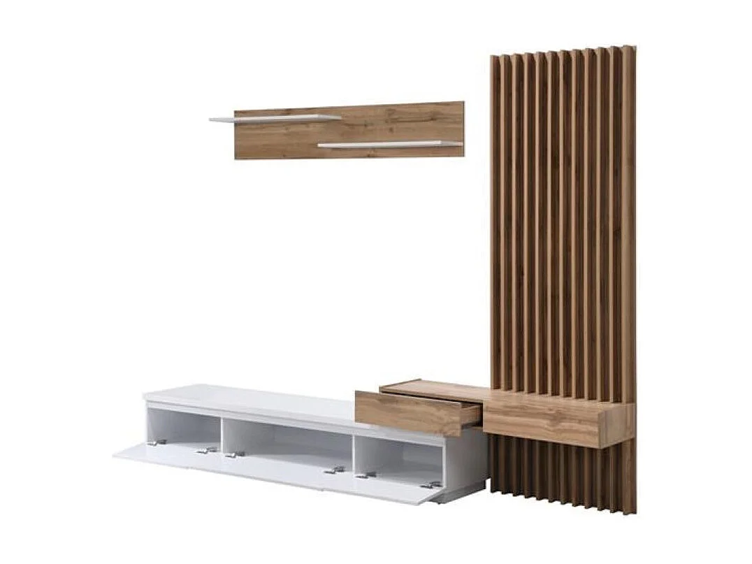 Conjunto de Comedor Con Mesa Tv y Panelado 250x200 cm - Blanco y Roble