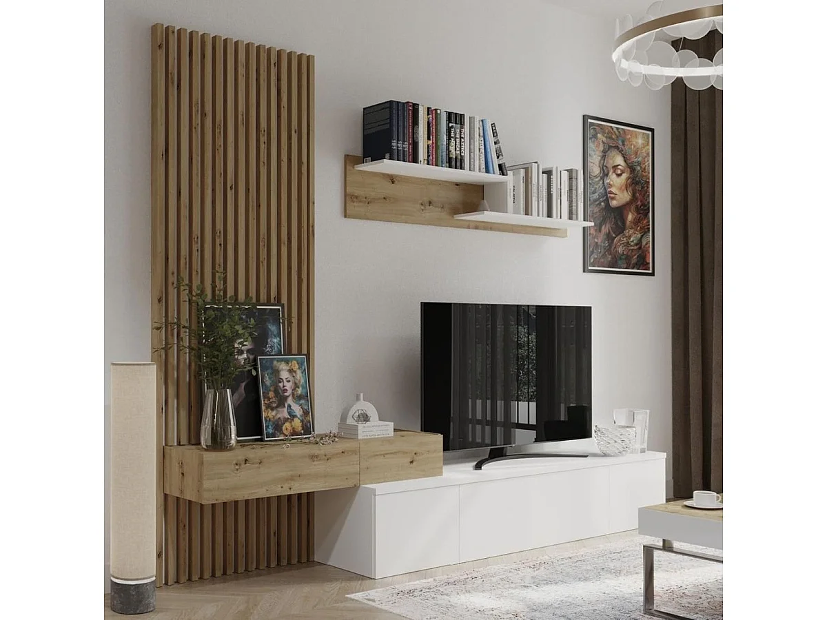 Conjunto de Comedor Con Mesa Tv y Panelado 250x200 cm - Blanco y Roble