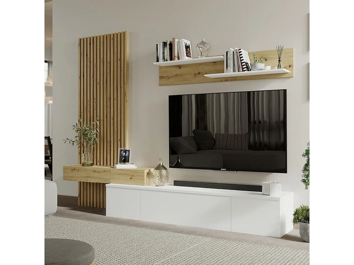 Conjunto de Comedor Con Mesa Tv y Panelado 250x200 cm - Blanco y Roble