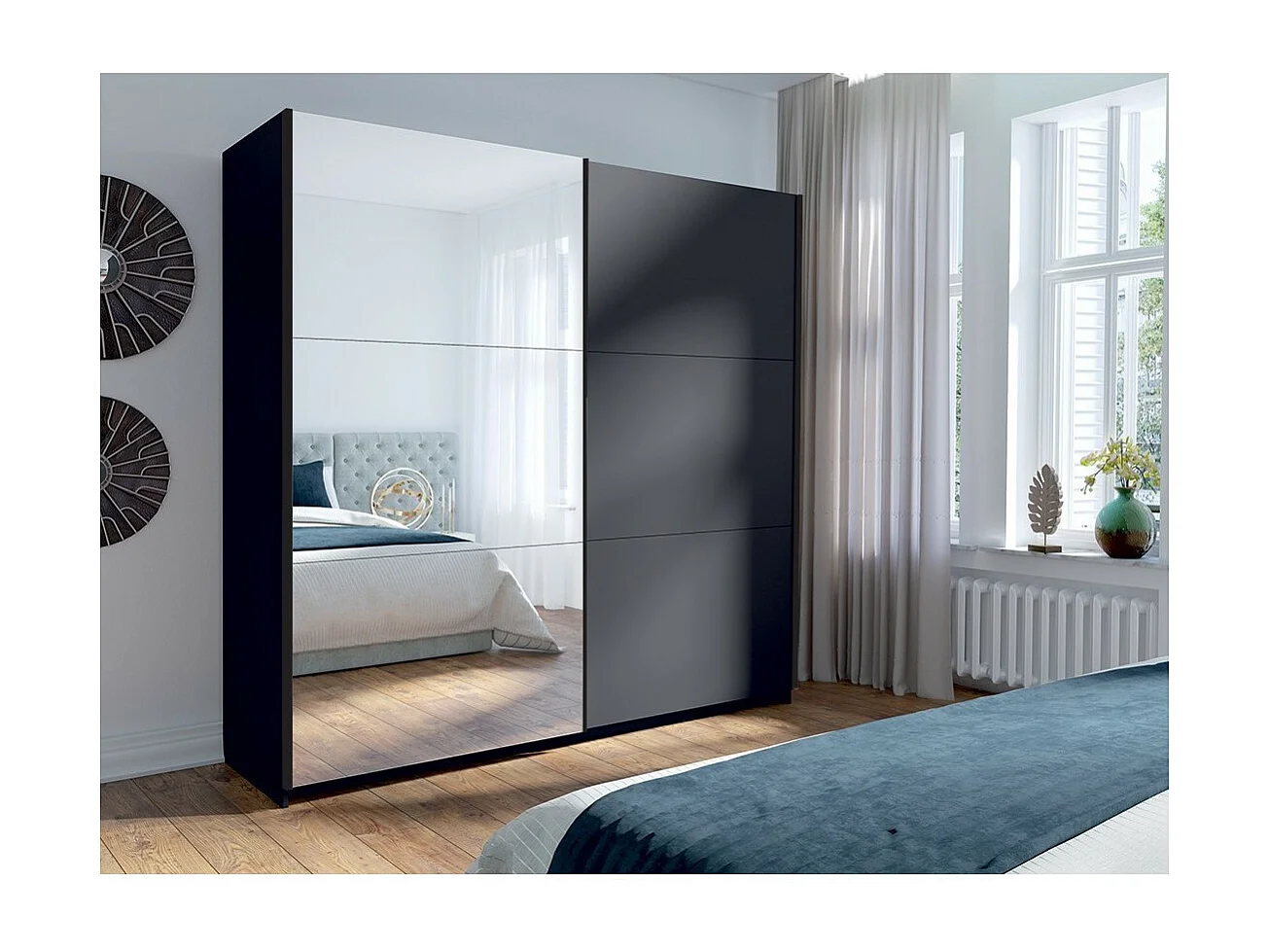 Armoire collection 200 cm 2 portes coulissantes avec miroir - gris graphite - Collection ARSALA