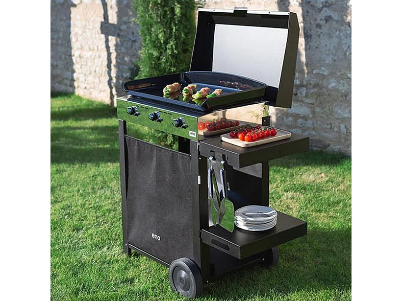 Eno Plancha gaz 6300w plaque fonte émaillée 62x36cm avec chariot - 55658385