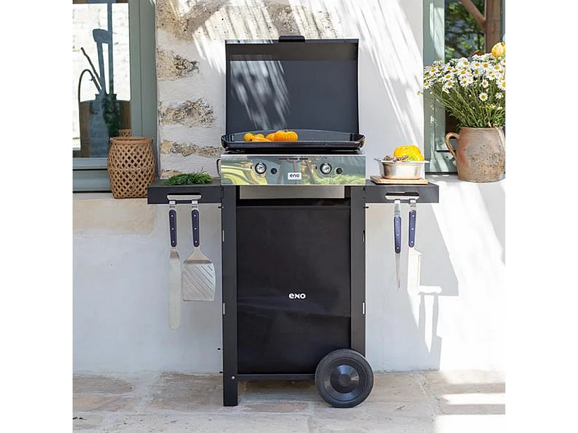 Eno Plancha gaz 6300w plaque fonte émaillée 47x36cm avec chariot - 55508385