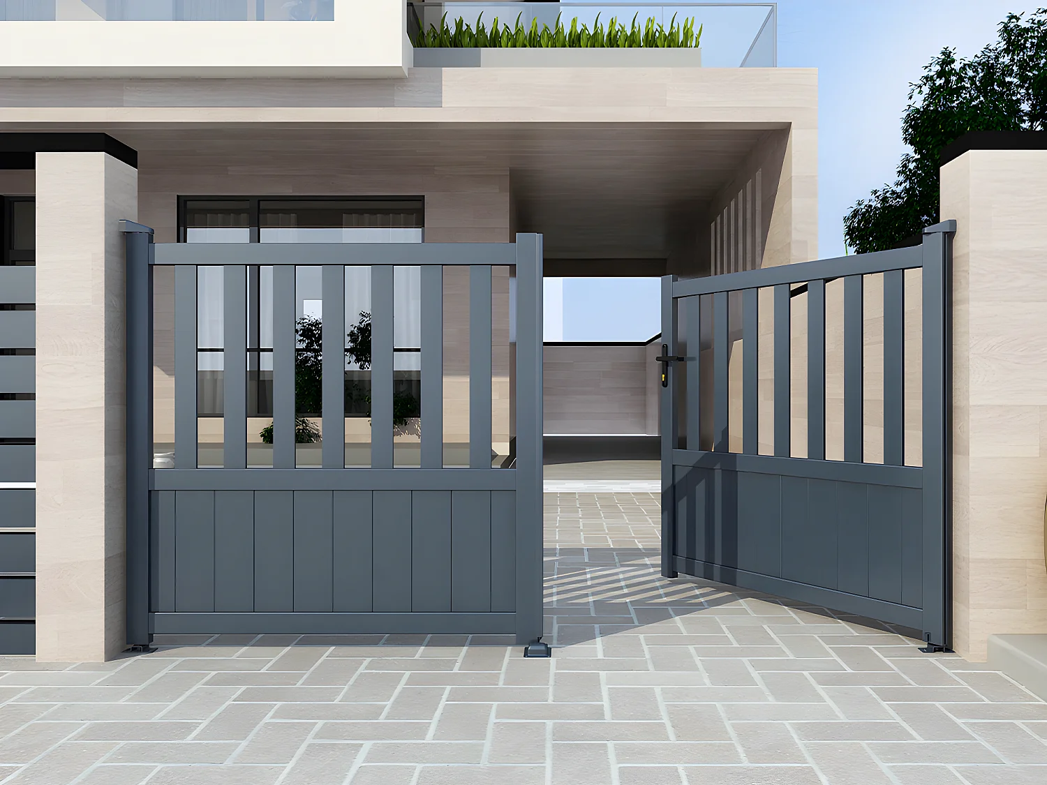 Portão de batente em alumínio perfurado de C321 x A148 cm cor antracite  -  TARNOS II