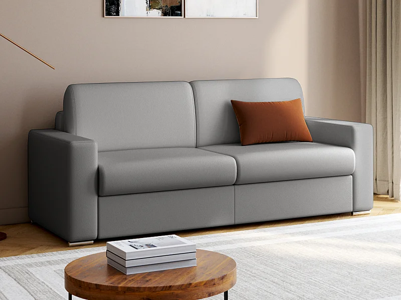 Canapé 4 places convertible express en simili gris - Couchage lattes larges 160 cm - Matelas 18 cm avec mémoire de forme CALITO