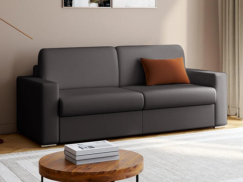 Canapé 4 places convertible express en simili noir - Couchage lattes larges 160 cm - Matelas 18 cm avec mémoire de forme CALITO