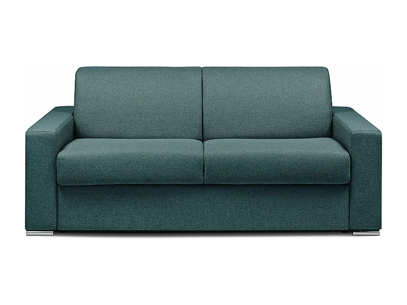Canapé 3 places convertible express en tissu bleu - Couchage lattes larges 140 cm - Matelas 16 cm avec mousse à mémoire de forme CALITO