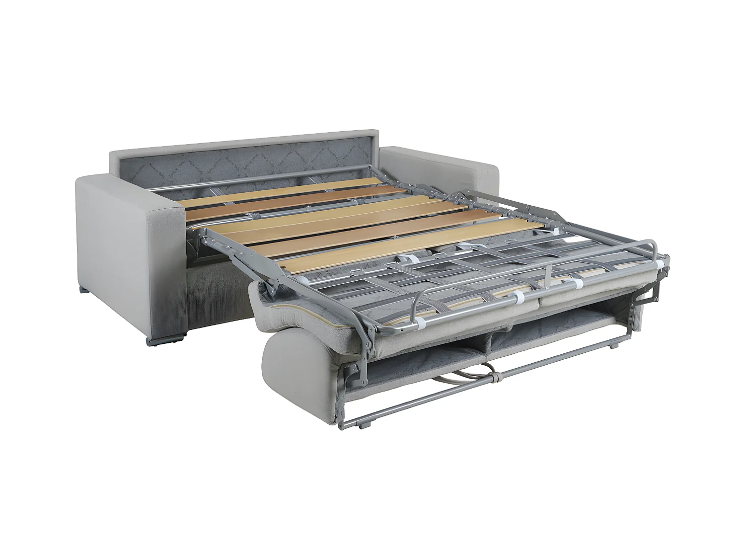 Express-driezitsslaapbank van grijze stof - Bed van 140 cm met brede latten - Matras van 16 cm met schuim met vormgeheugen CALITO