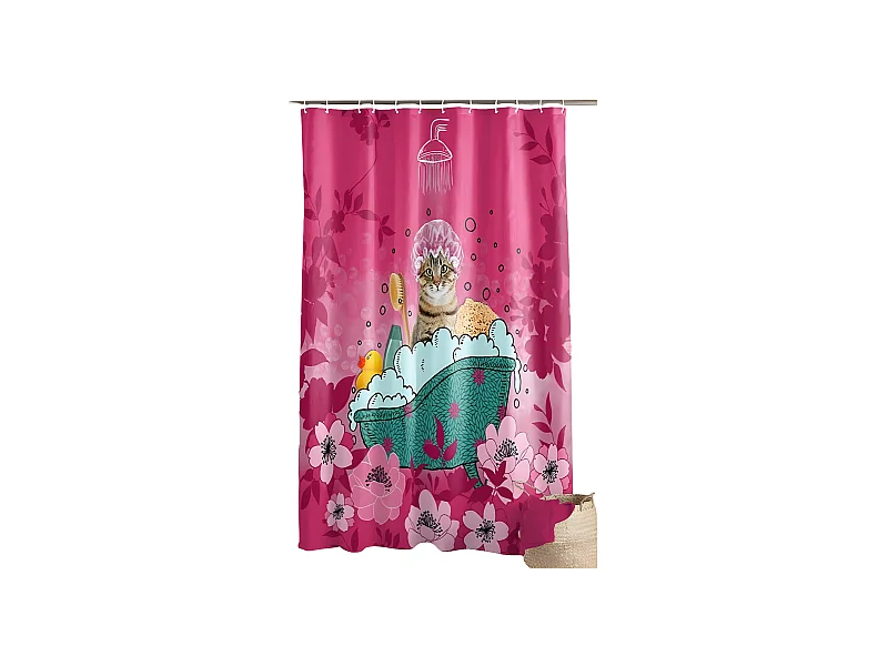 Rideau de Douche Imprimé "Chatibulle" 180x200cm Rose