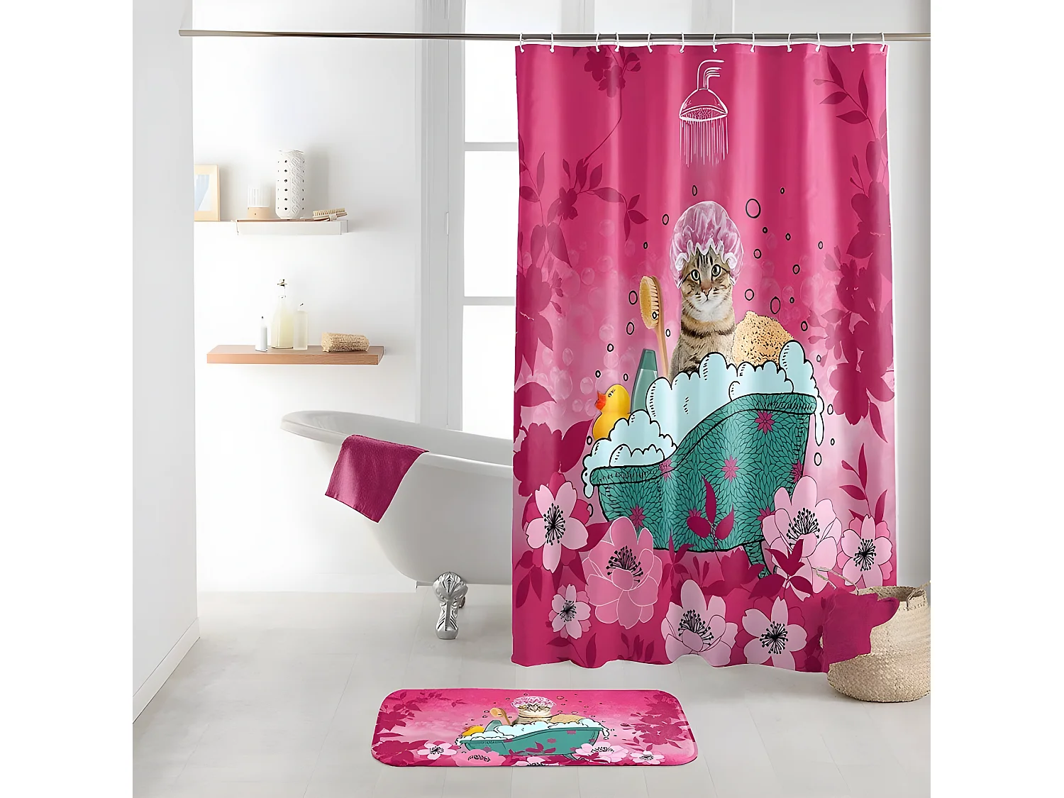 Rideau de Douche Imprimé "Chatibulle" 180x200cm Rose