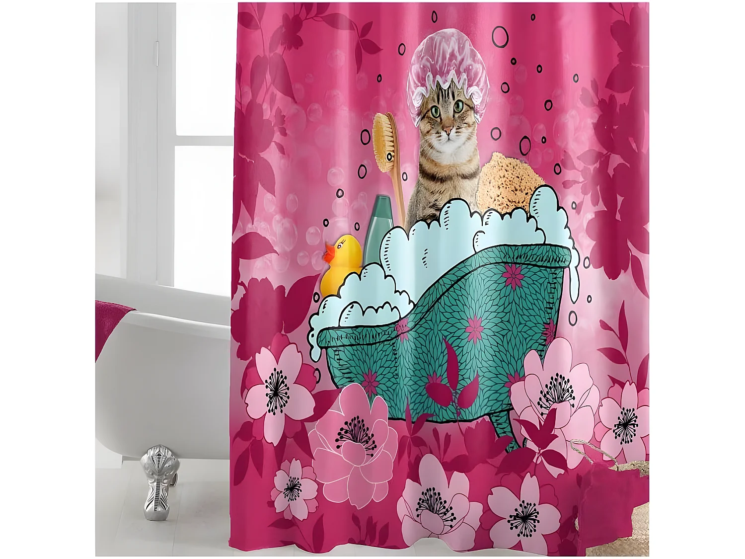 Rideau de Douche Imprimé "Chatibulle" 180x200cm Rose