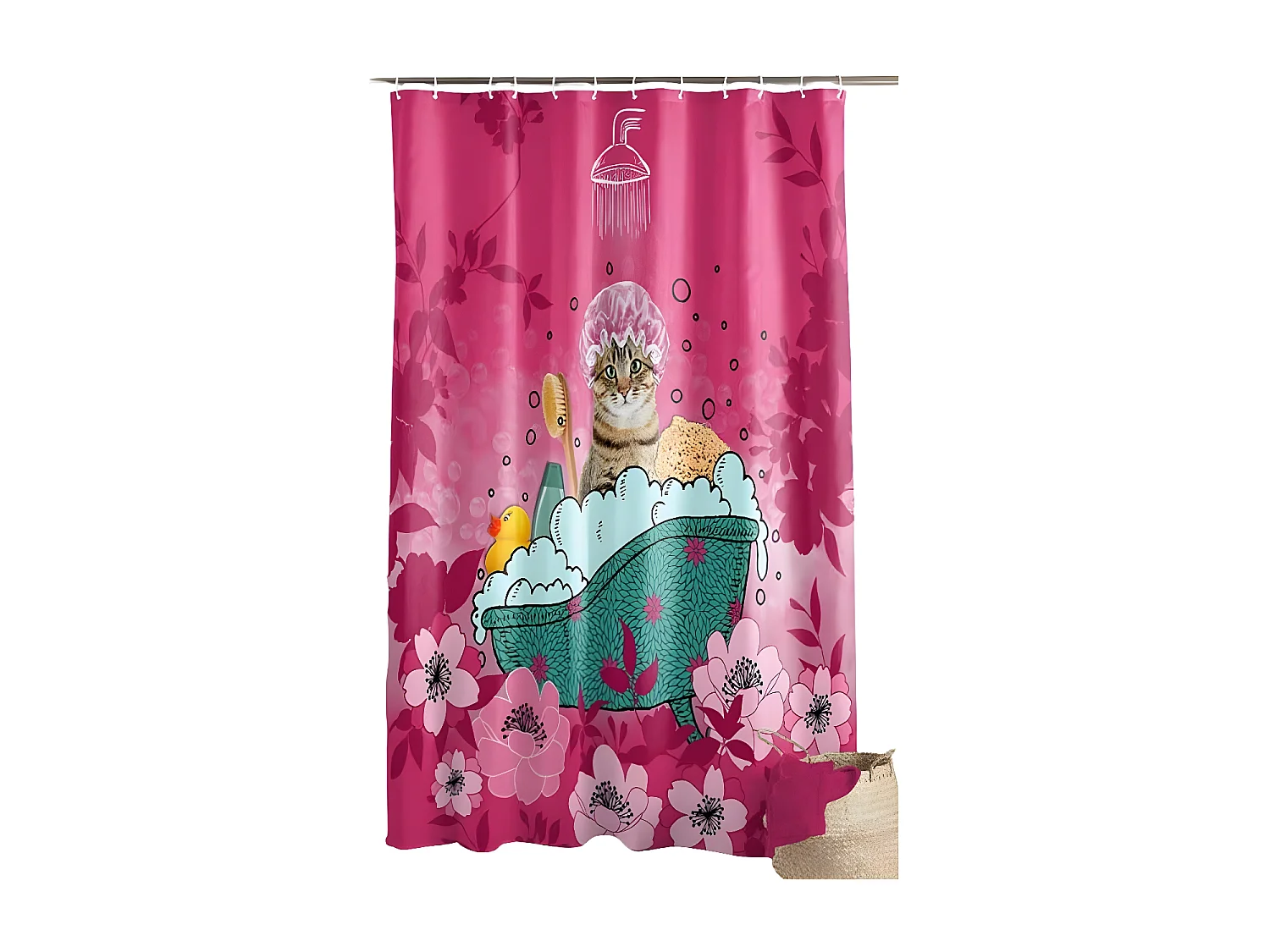 Rideau de Douche Imprimé "Chatibulle" 180x200cm Rose