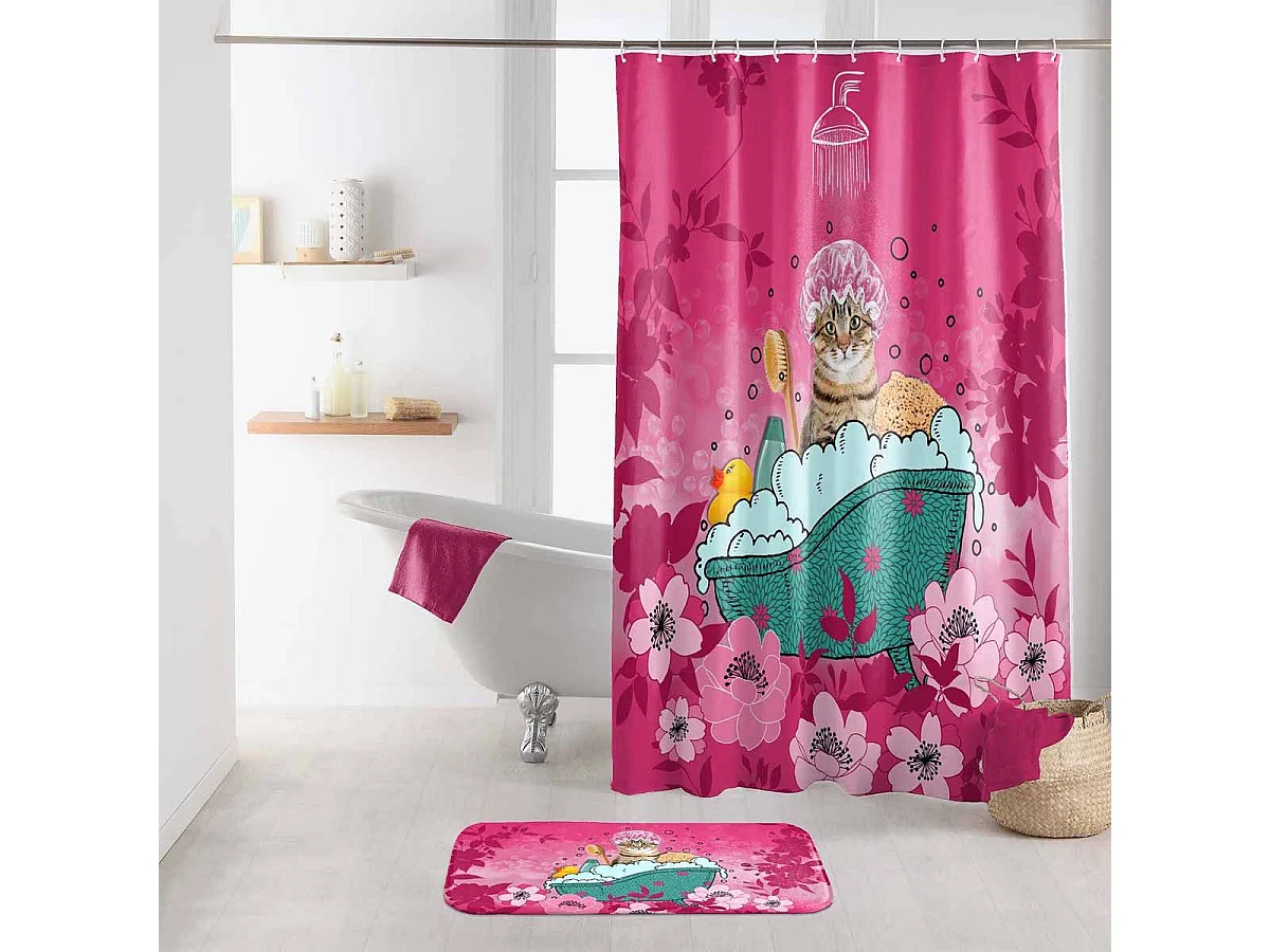 Rideau de Douche Imprimé "Chatibulle" 180x200cm Rose