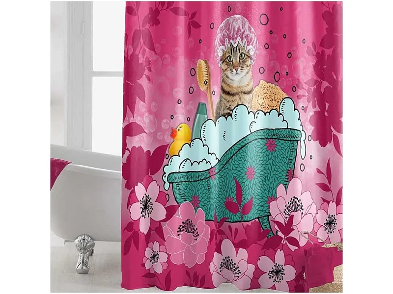 Rideau de Douche Imprimé "Chatibulle" 180x200cm Rose