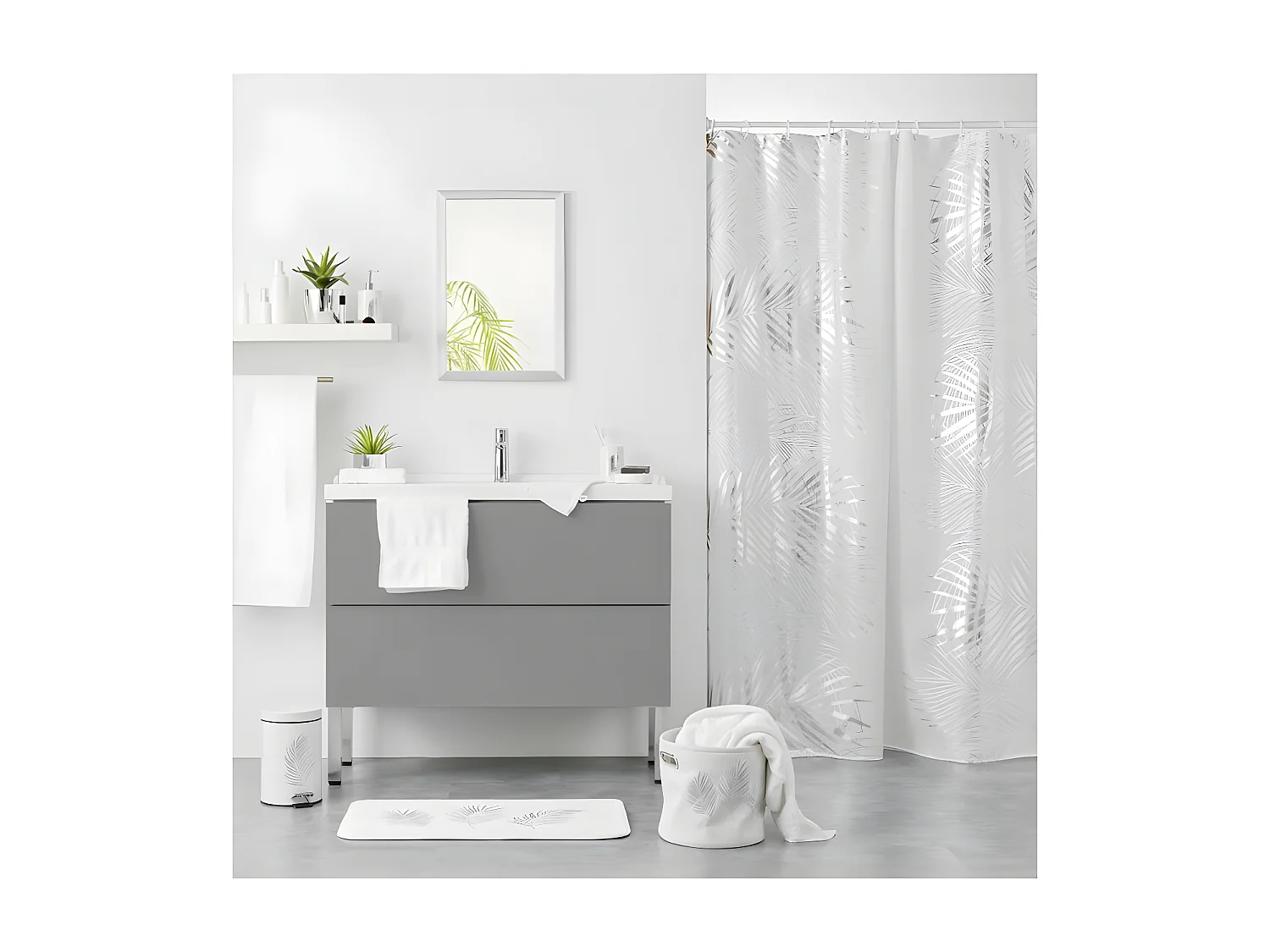 Rideau de Douche Imprimé "Orbella" 180x200cm Blanc & Argent