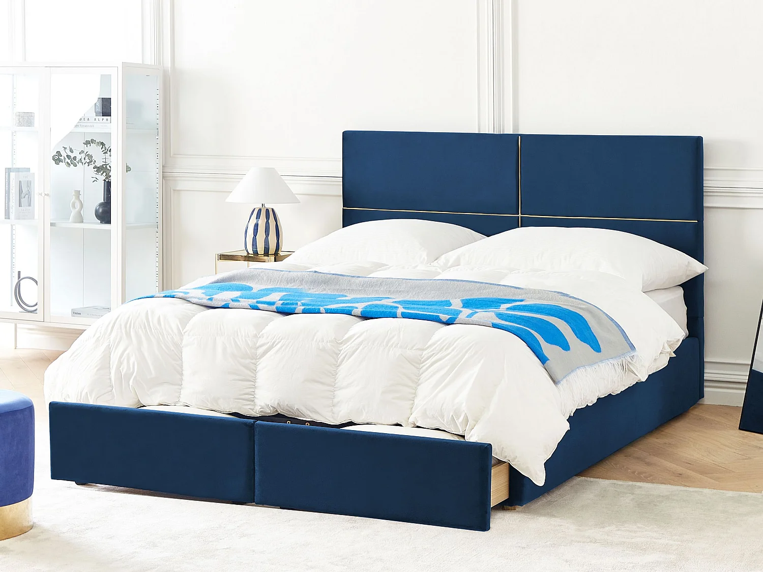 Letto con ottomano Velluto VERNOYES 180 x 200 cm Blu marino