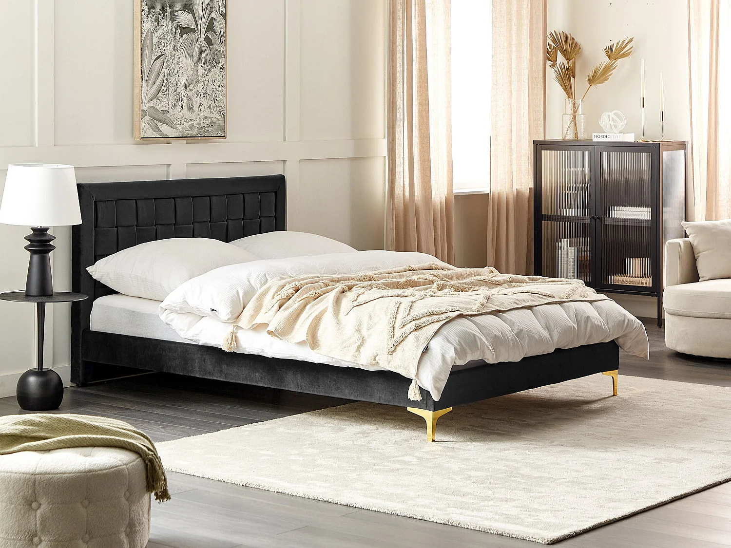 Lit avec sommier Velours LIMOUX 140 x 200 cm Noir