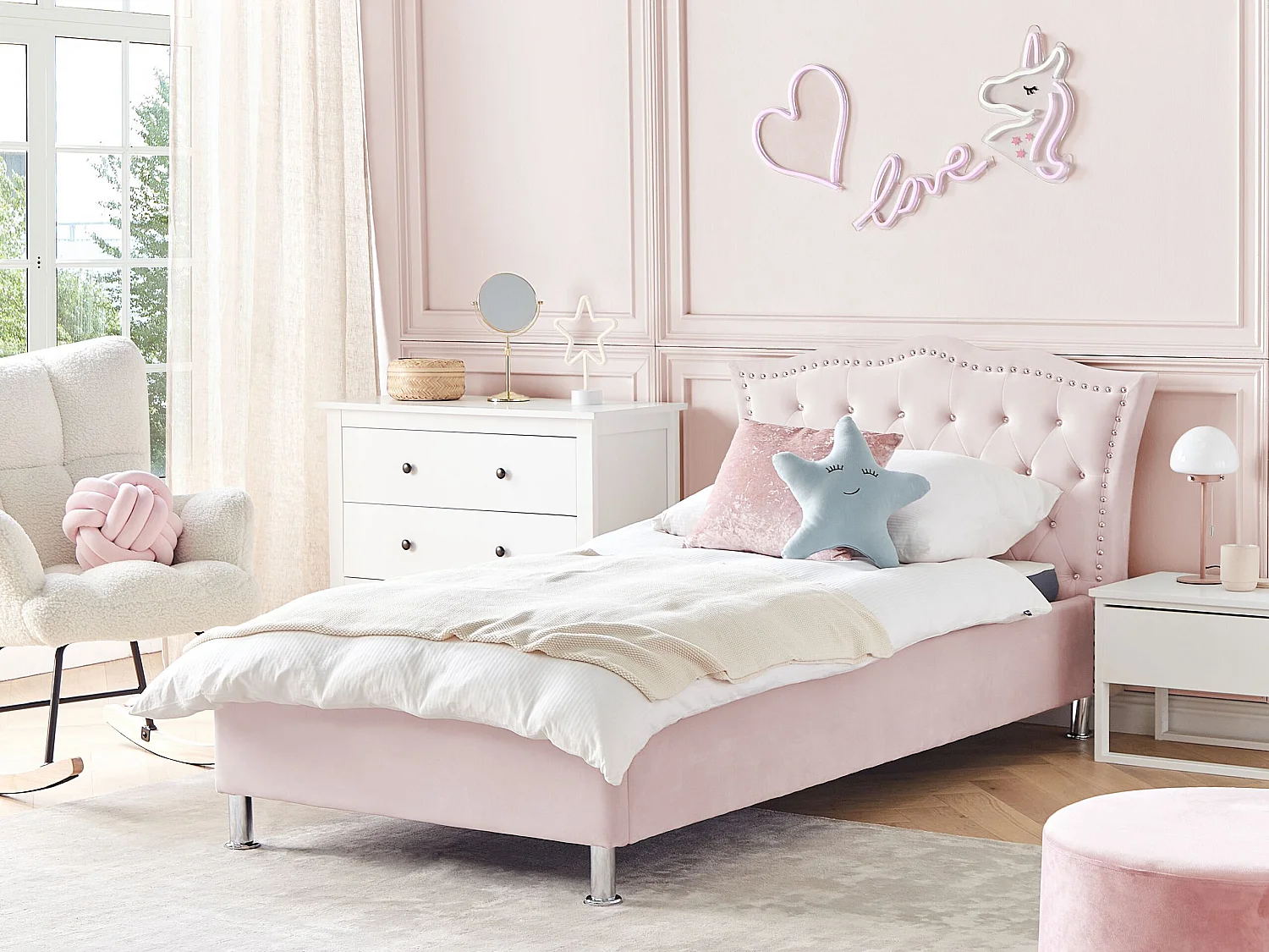 Bett mit Lattenrost 90x200 cm Samtstoff rosa Metallfüße Chesterfield-Stil Metz
