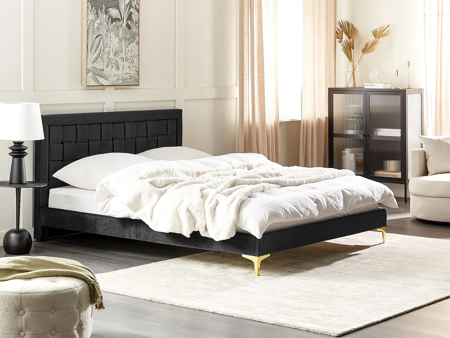 Luxuriöses Doppelbett Samtstoff schwarz mit Lattenrost 160 x 200 cm Limoux