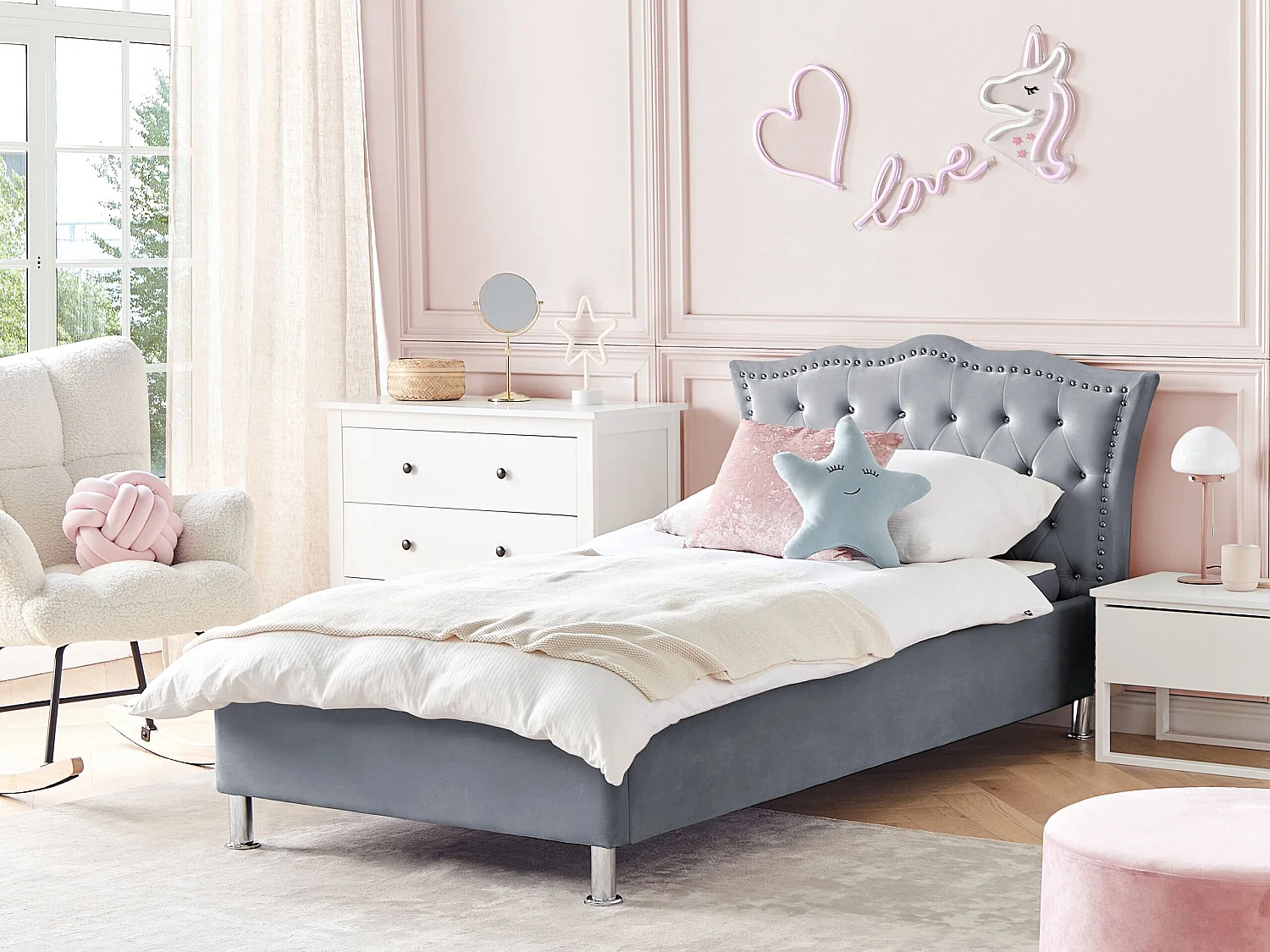 Bett Samtstoff grau mit Bettkasten hochklappbar 90 x 200 cm METZ