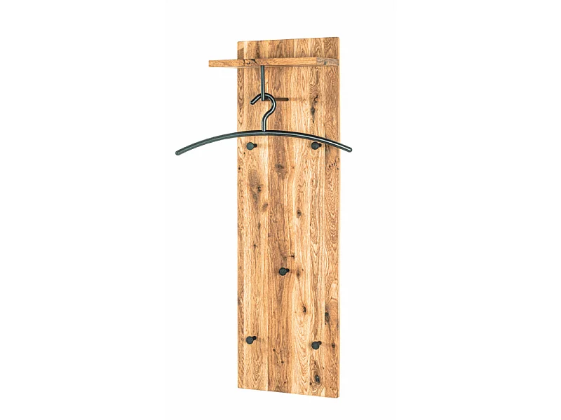Perchero de pared de diseño industrial en roble y metal negro con 5 ganchos y estante Lorna