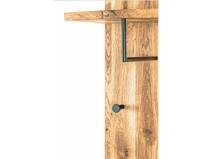 Perchero de pared de diseño industrial en roble y metal negro con 5 ganchos y estante Lorna