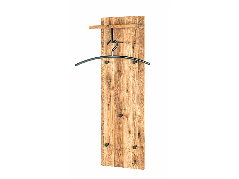 Perchero de pared de diseño industrial en roble y metal negro con 5 ganchos y estante Lorna