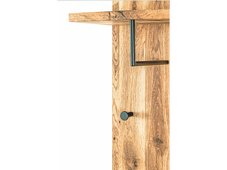 Perchero de pared de diseño industrial en roble y metal negro con 5 ganchos y estante Lorna