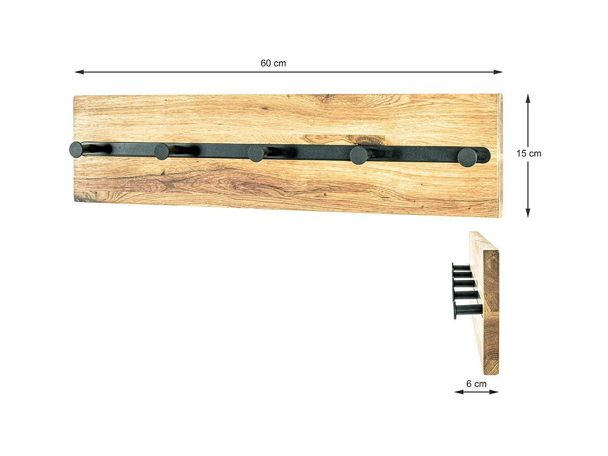 Perchero de pared de diseño industrial de roble y metal negro con 5 ganchos Lorna