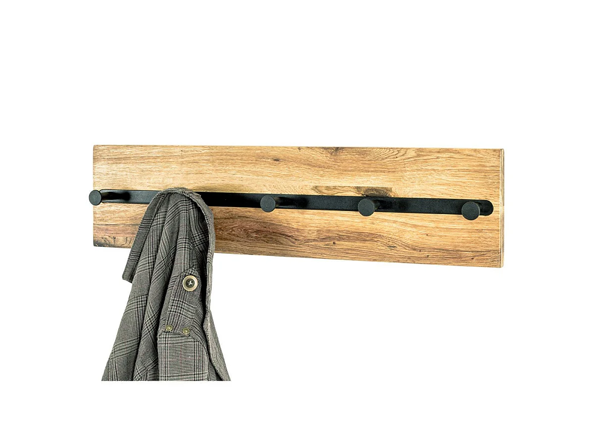 Appendiabiti da parete di design industriale in rovere e metallo nero con 5 ganci Lorna