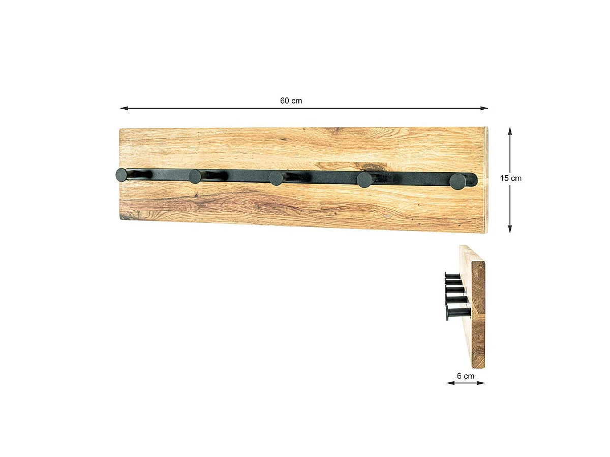 Appendiabiti da parete di design industriale in rovere e metallo nero con 5 ganci Lorna