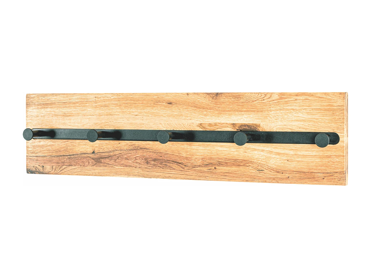 Perchero de pared de diseño industrial de roble y metal negro con 5 ganchos Lorna