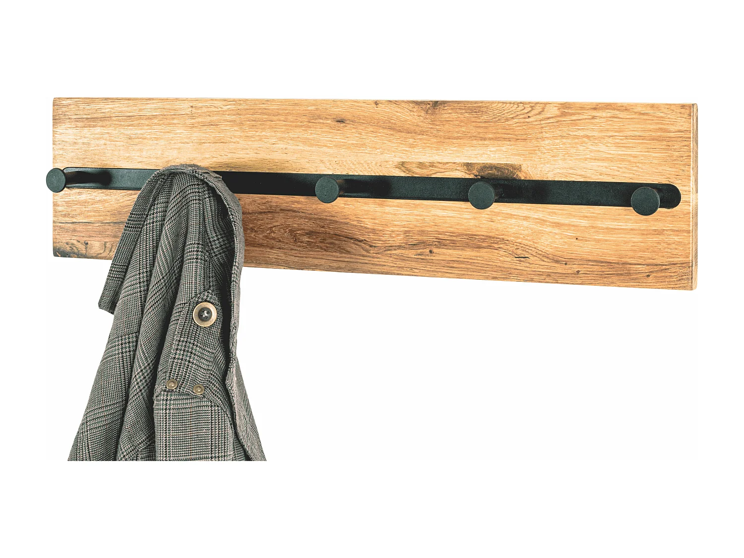 Perchero de pared de diseño industrial de roble y metal negro con 5 ganchos Lorna