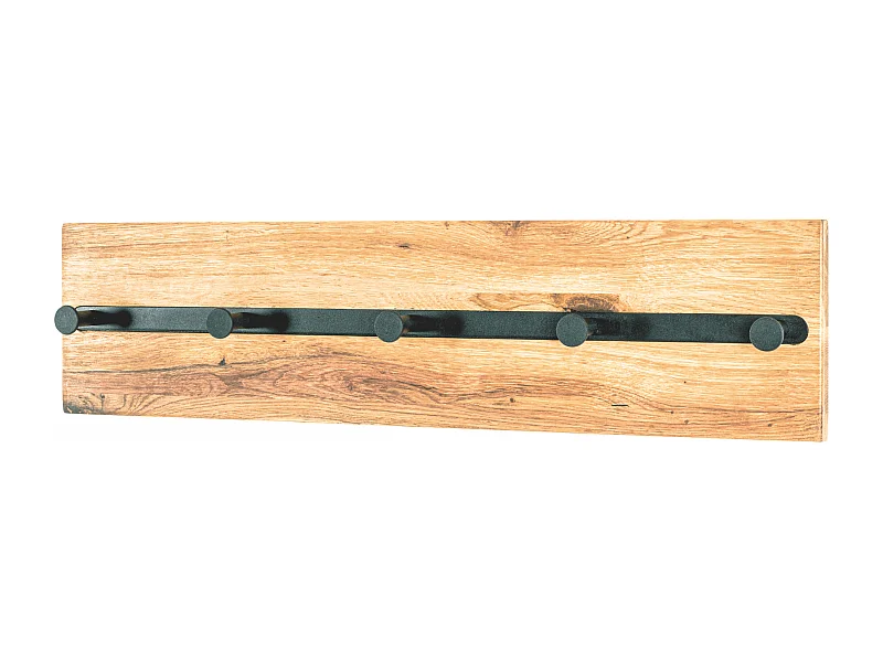 Appendiabiti da parete di design industriale in rovere e metallo nero con 5 ganci Lorna