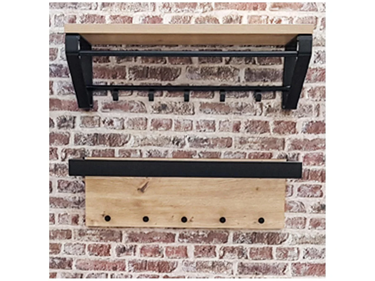 Patère Murale 5 Crochets "Eviola" 70cm Chêne & Noir