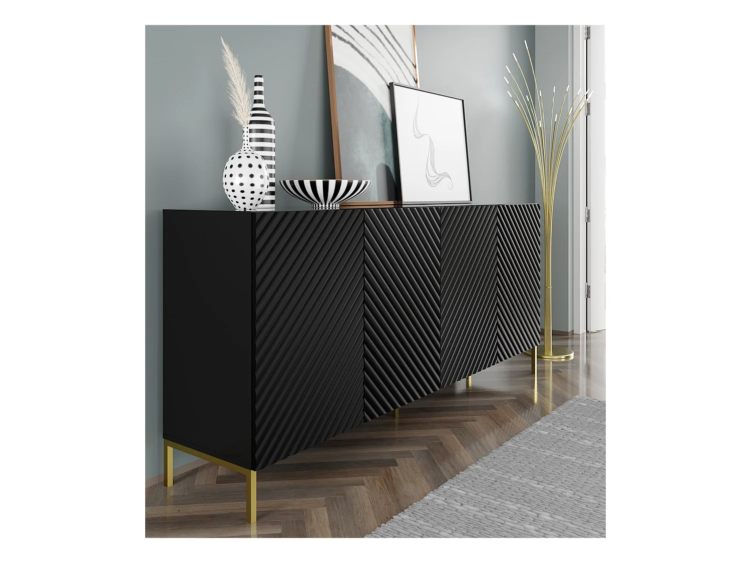 Commode SURF 200 cm 4D fraisé noir mat  pieds en métal doré