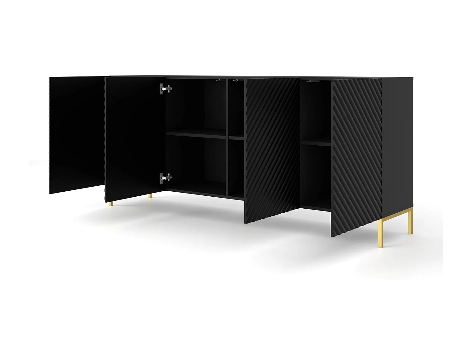 Commode SURF 200 cm 4D gefreesd zwart mat metalen poten in goudkleur