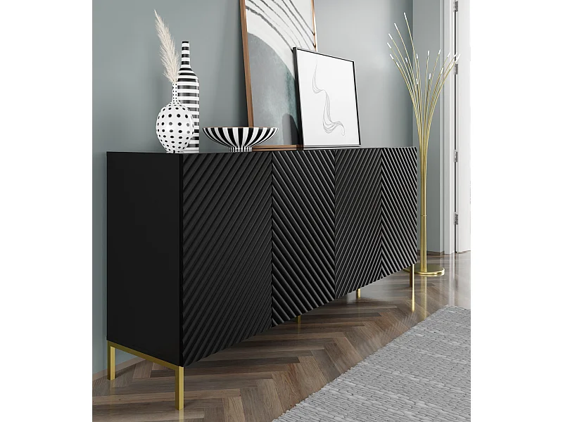 Commode SURF 200 cm 4D gefreesd zwart mat metalen poten in goudkleur