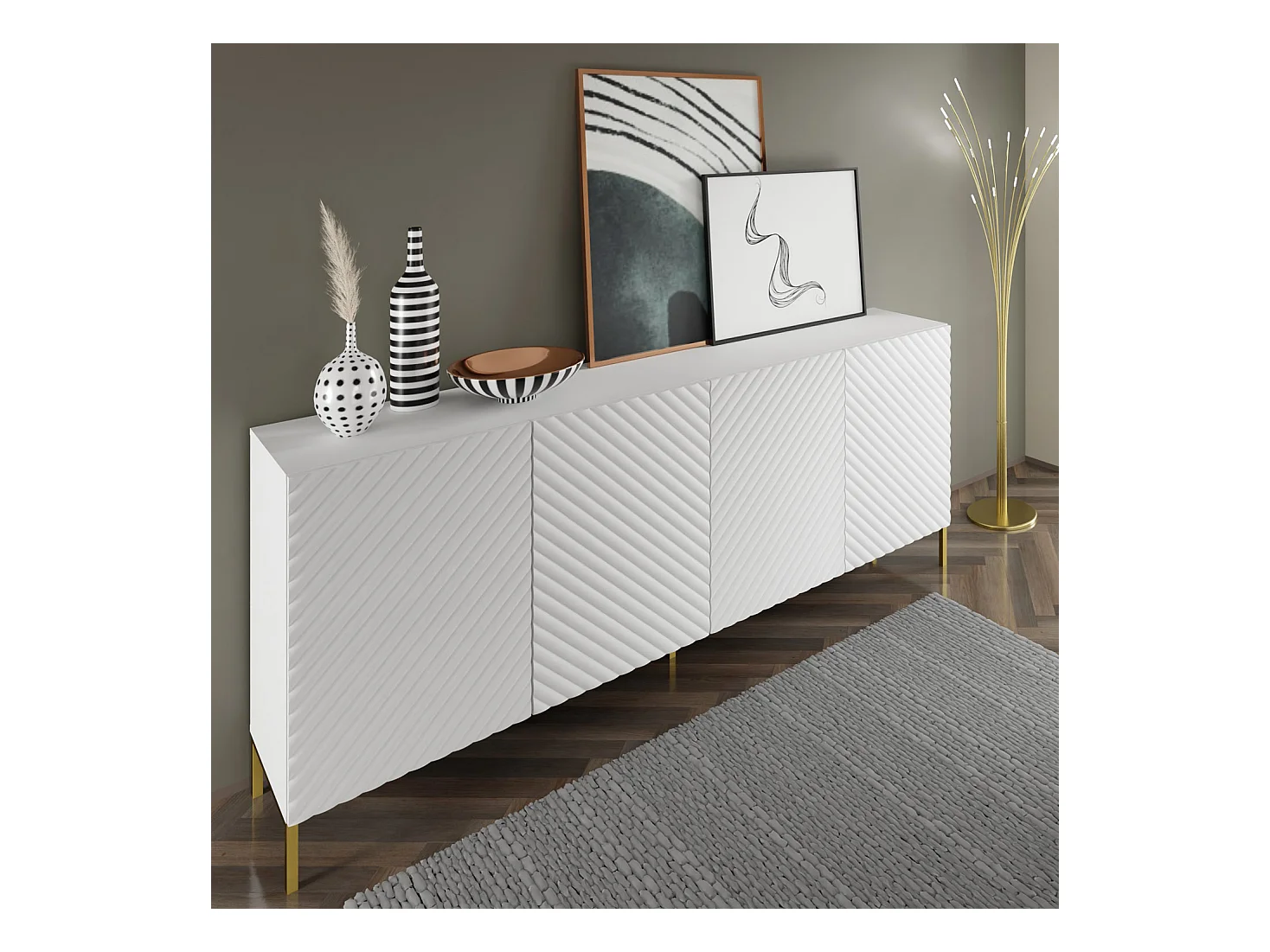 Commode SURF 200 cm 4D gefreesd wit mat metalen poten in goudkleur