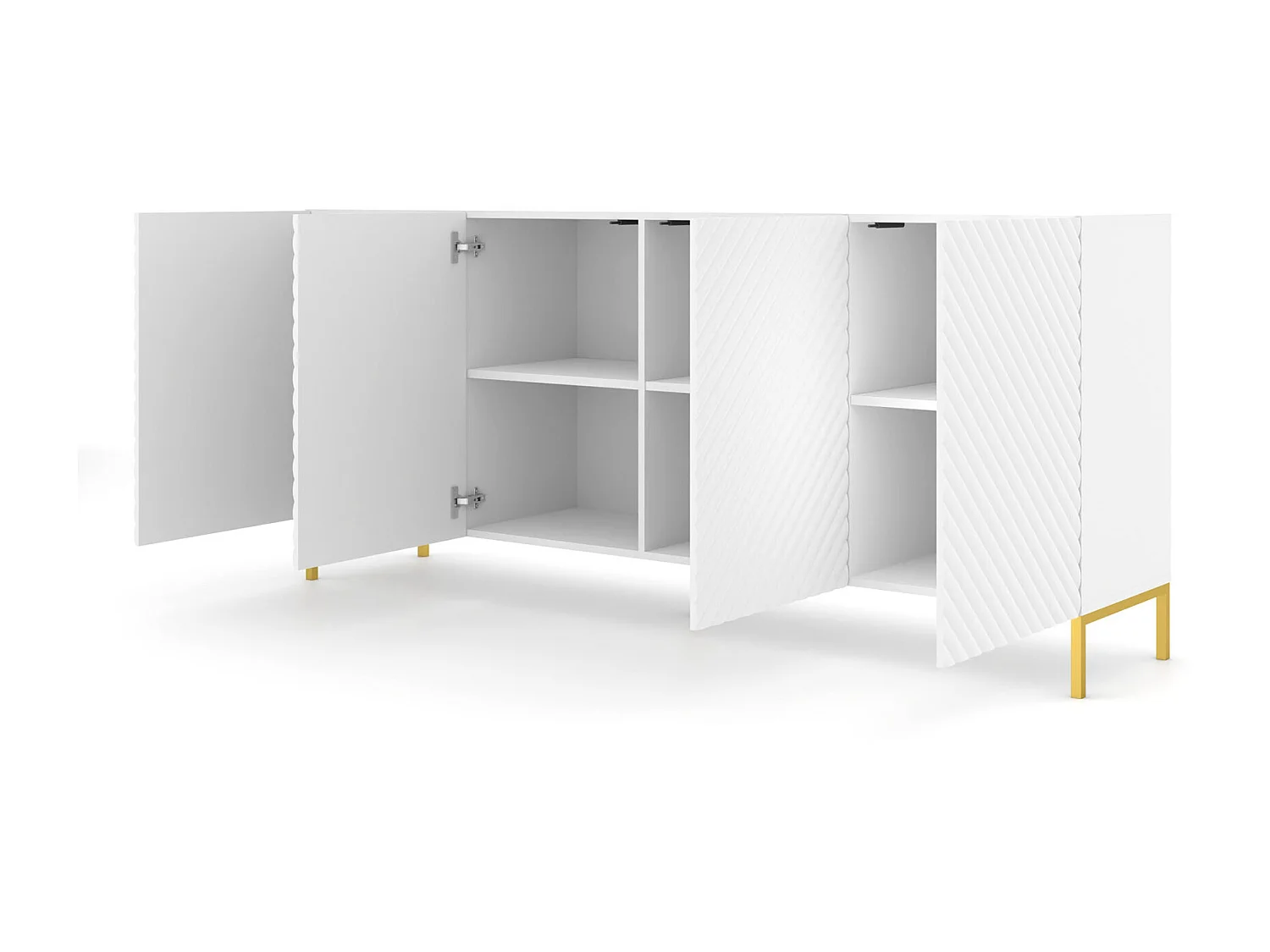 Commode SURF 200 cm 4D gefreesd wit mat metalen poten in goudkleur