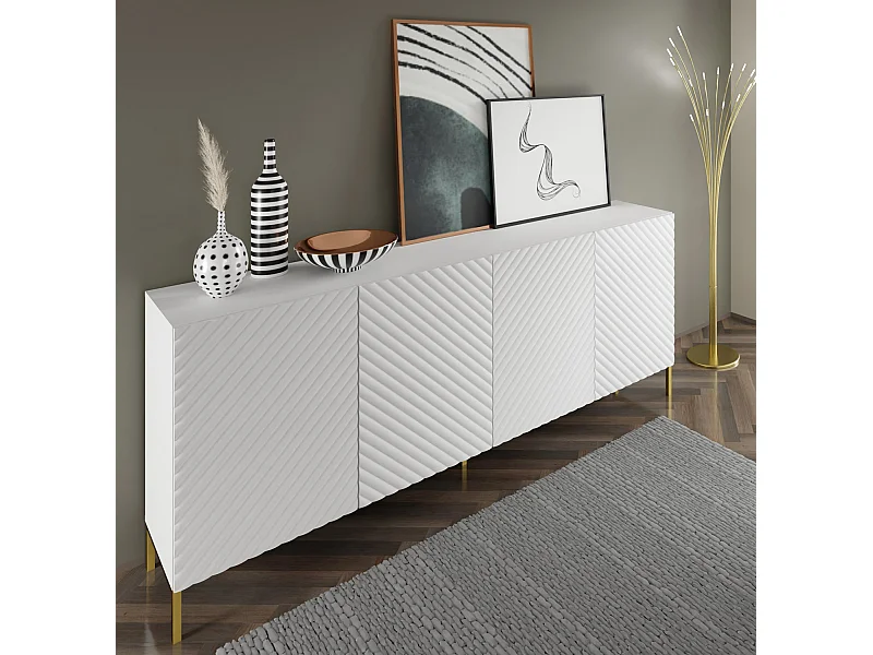 Commode SURF 200 cm 4D gefreesd wit mat metalen poten in goudkleur