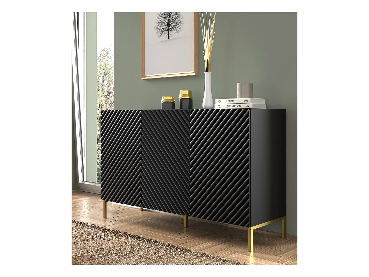 Commode SURF 150 cm 3D fraisé noir mat pieds en métal doré