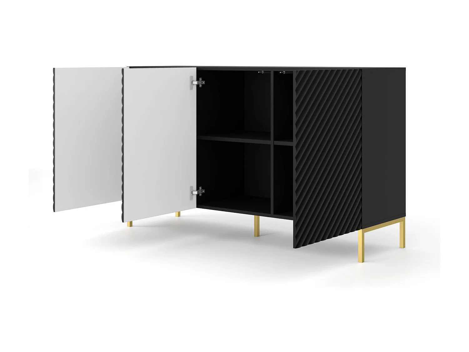 Commode SURF 150 cm 3D fraisé noir mat pieds en métal doré