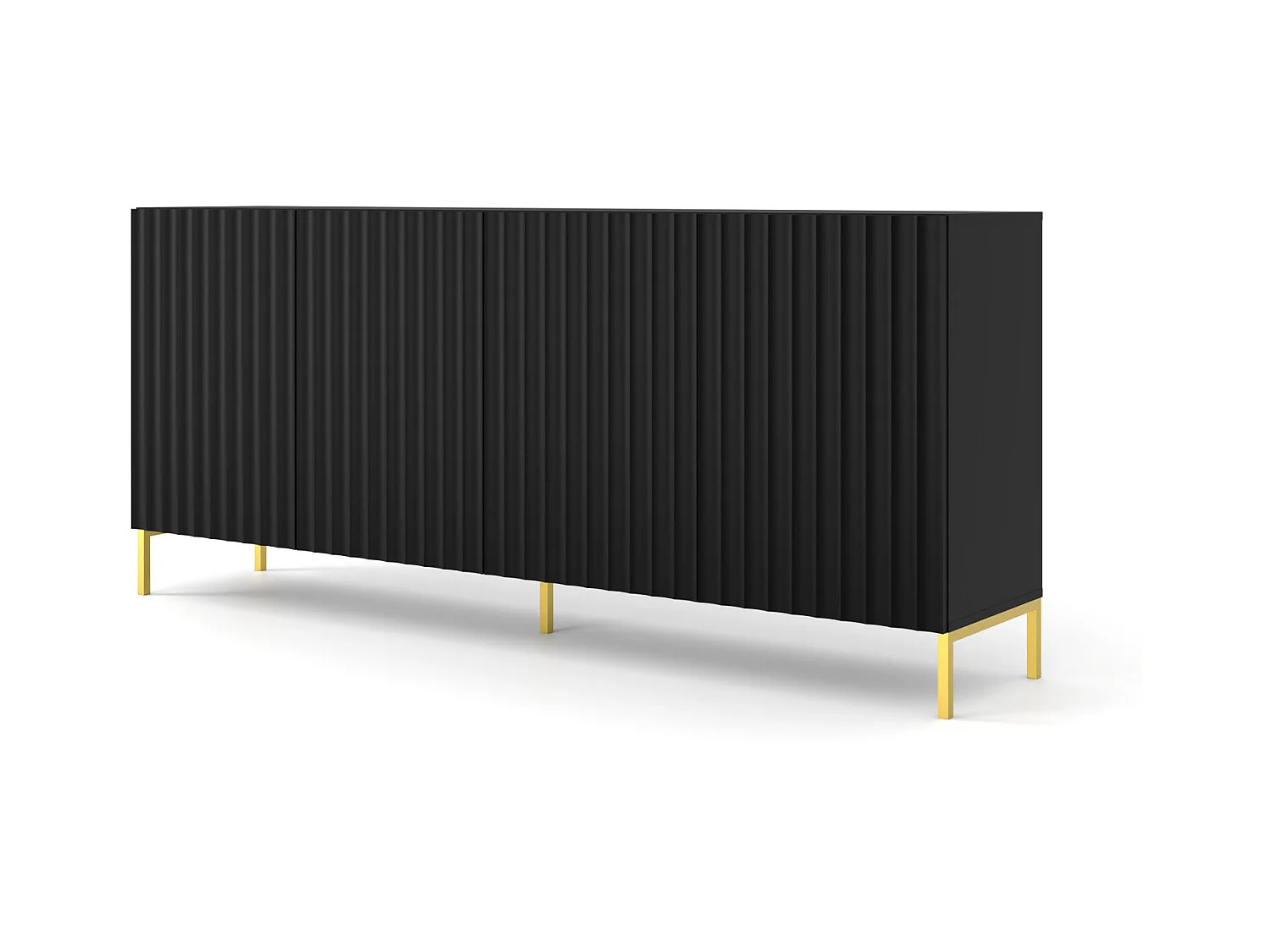 Commode WAVE 200 cm 4D fraisé noir mat  pieds en métal doré