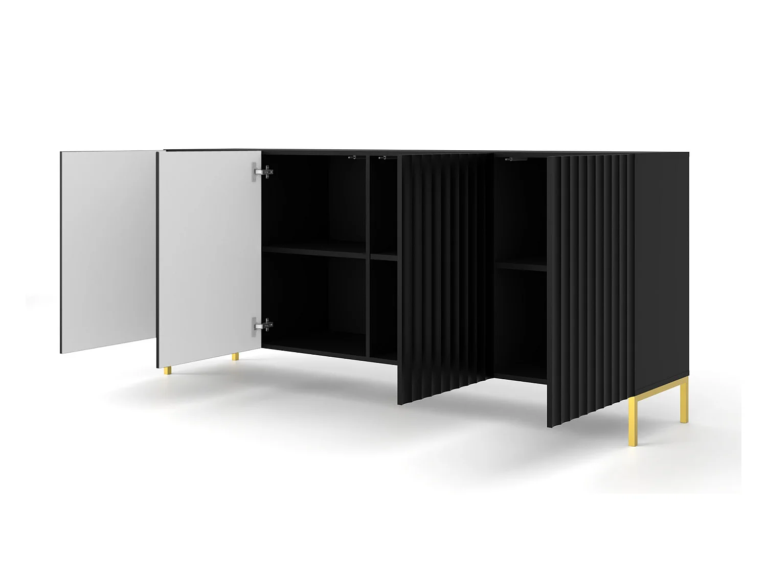 Commode WAVE 200 cm 4D fraisé noir mat  pieds en métal doré