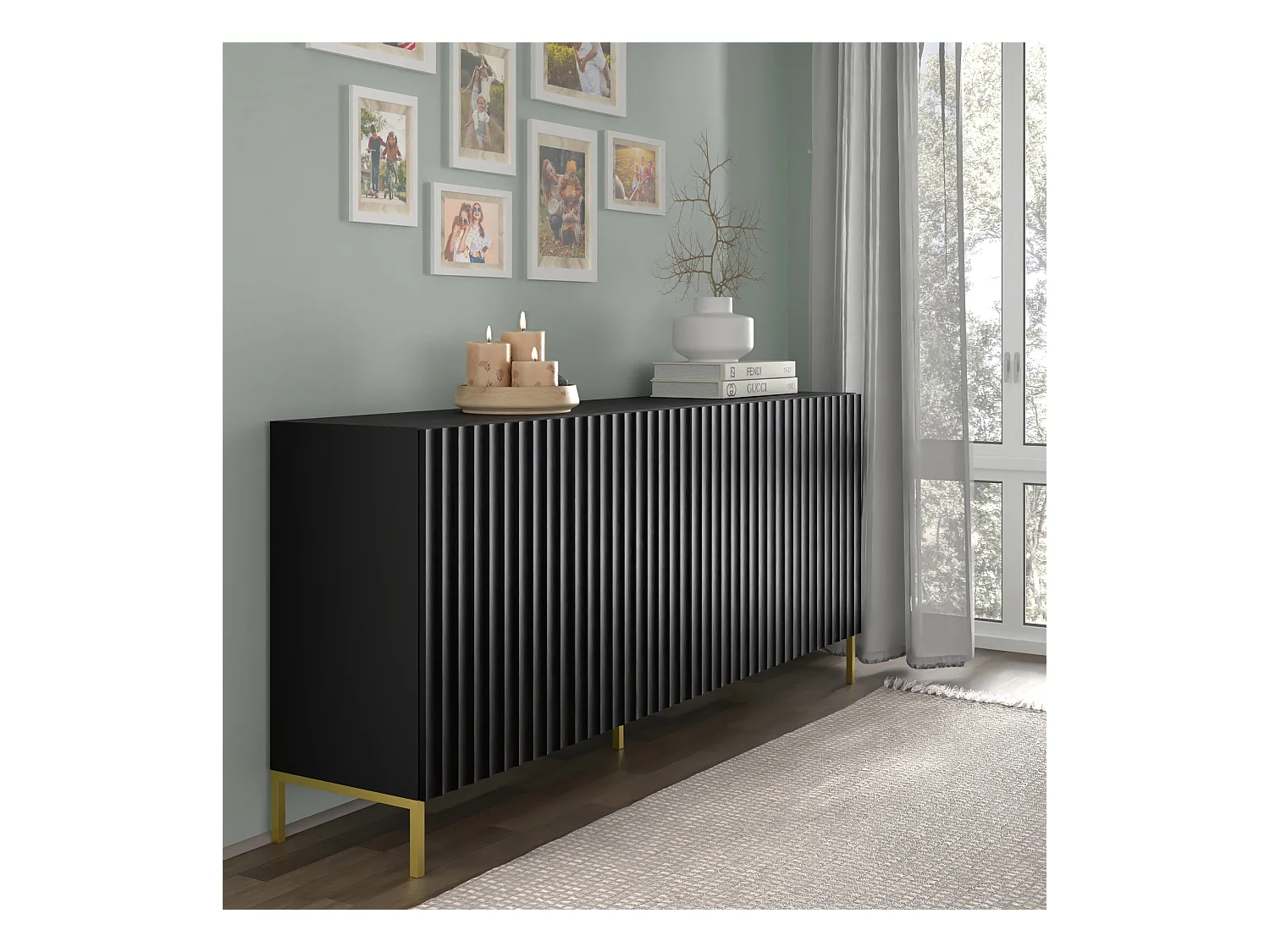Commode WAVE 200 cm 4D fraisé noir mat  pieds en métal doré