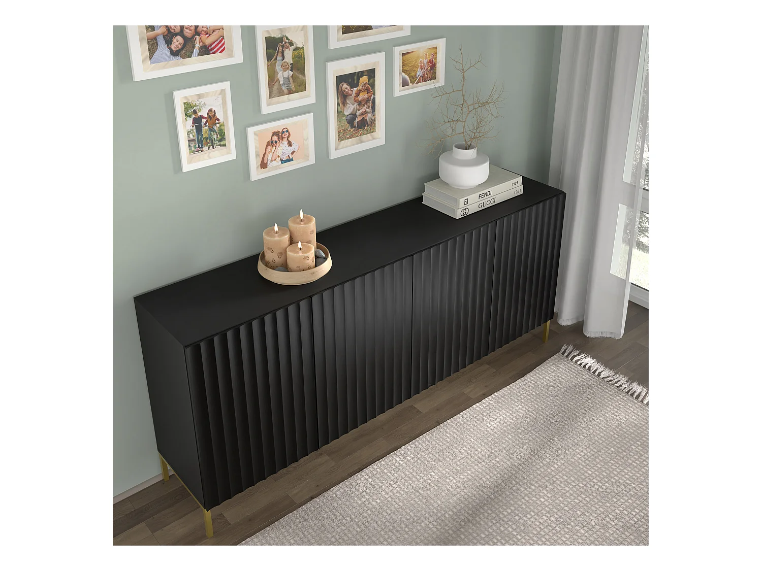 Commode WAVE 200 cm 4D fraisé noir mat  pieds en métal doré