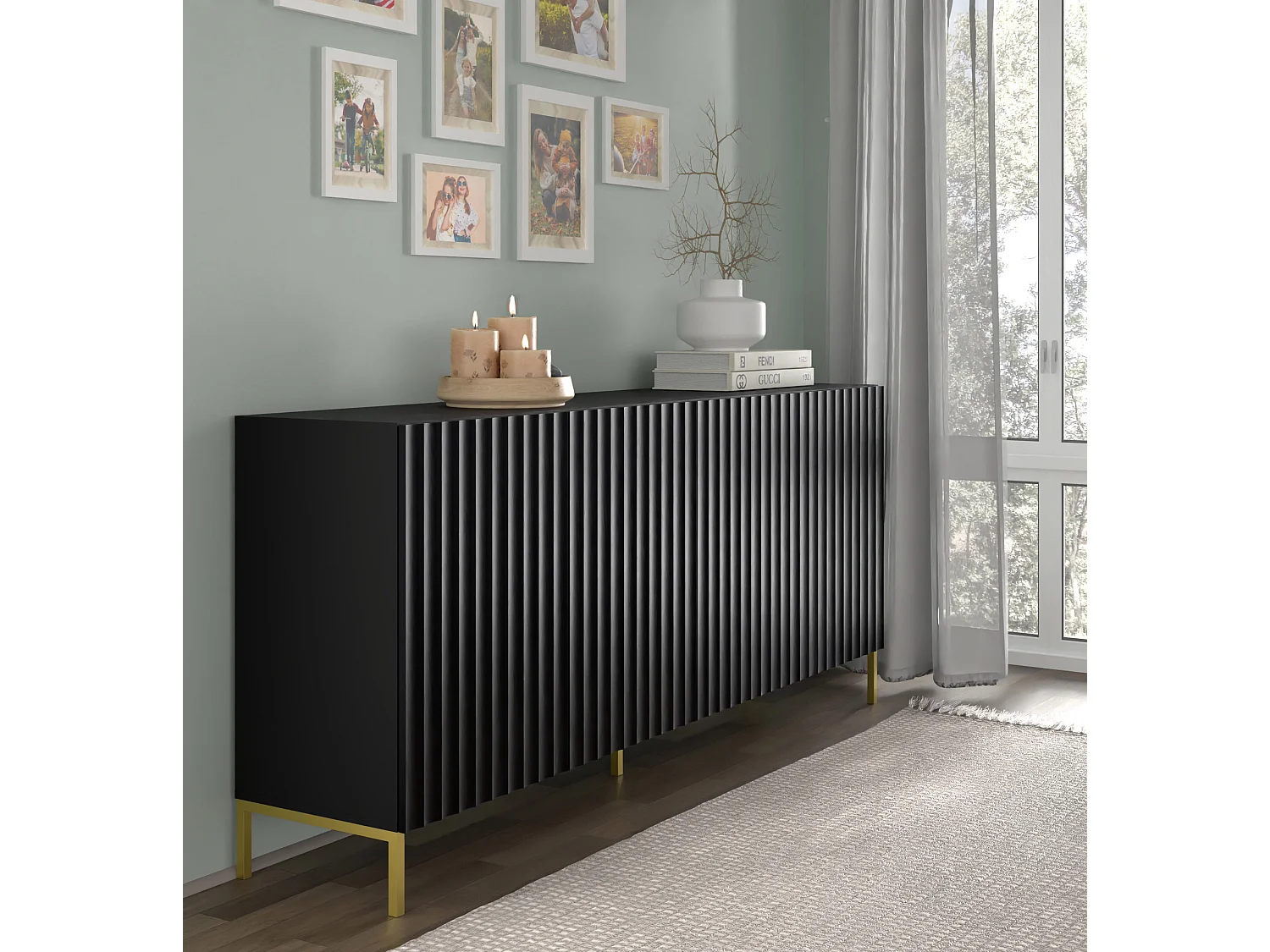 Commode WAVE 200 cm 4D gefreesd zwart mat metalen poten in goudkleur