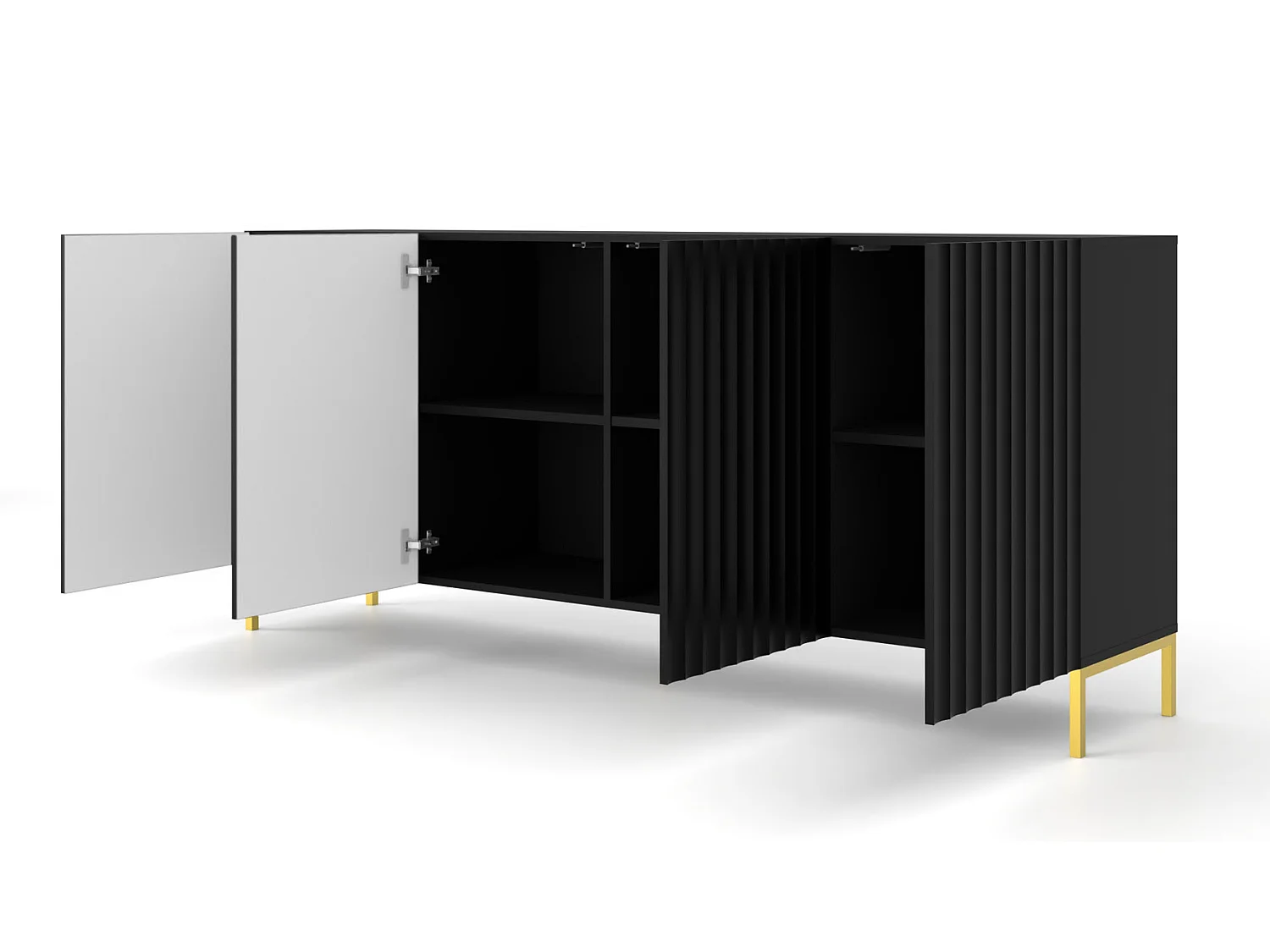 Commode WAVE 200 cm 4D gefreesd zwart mat metalen poten in goudkleur